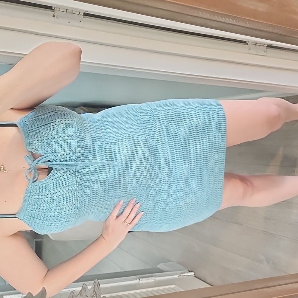 NWT Olive & Oak Blue Crochet Beach Mini Dress